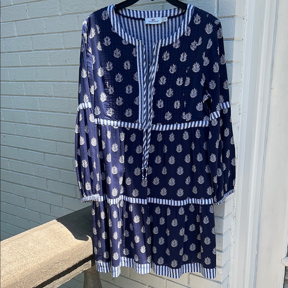 Vineyard Vines Blue and White Tiered Sundress with Bishop Sleeves